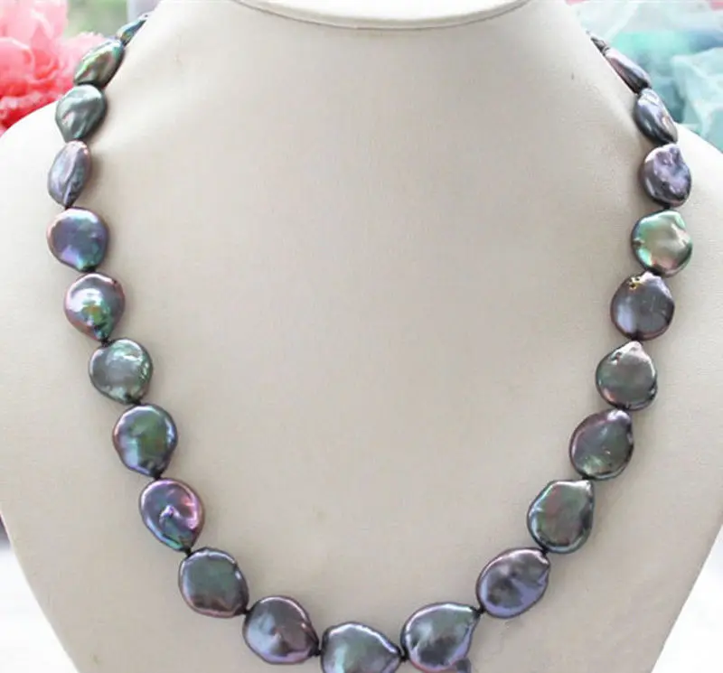

Hot sale new Style >>>>>Loose 14mm Coin black Freshwater Pearl Beads strand necklace 18