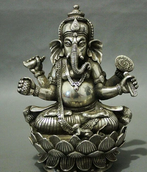 

decoration Tibet copper silver 6" Tibet Buddhism Silver 4 Arms Ganesh Lord Ganesha Elephant God Buddha Statue