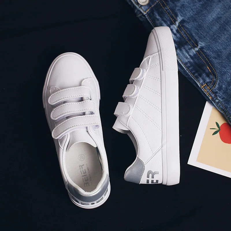 

Women White Shoes Female Spring 2019 New Leather Sneakers Hook Loop Mixed Colors Trainers Must Have Flat Heel Waterproof 35-40