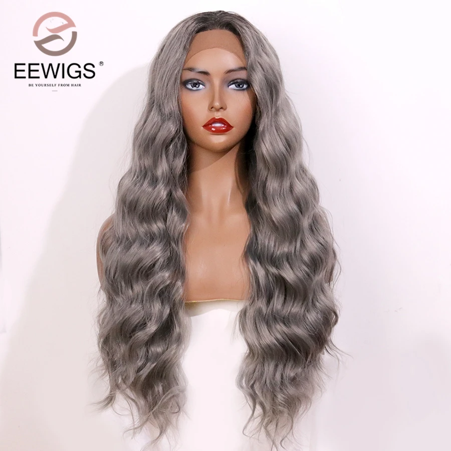 EEWIGS Glueless серый синтетический парик фронта шнурка 180% Плотность глубокая волна синтетические парики для женщин термостойкий платиновый блонд парик