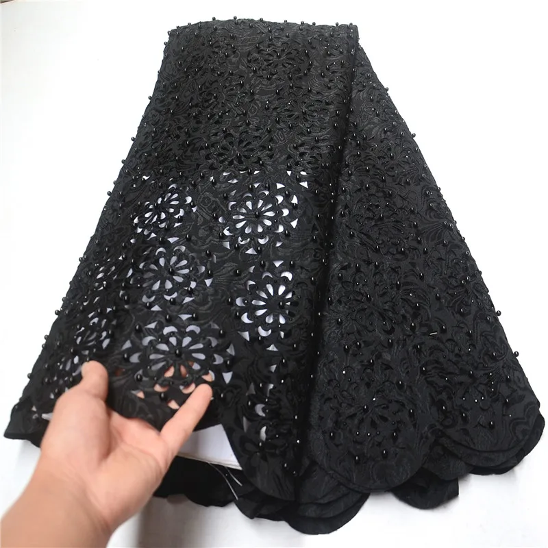 

High Quality Black Swiss Voile Laces Switzerland Embroidery Cotton African Cotton Lace Fabric Velvet Lace With Beads PSA675-2
