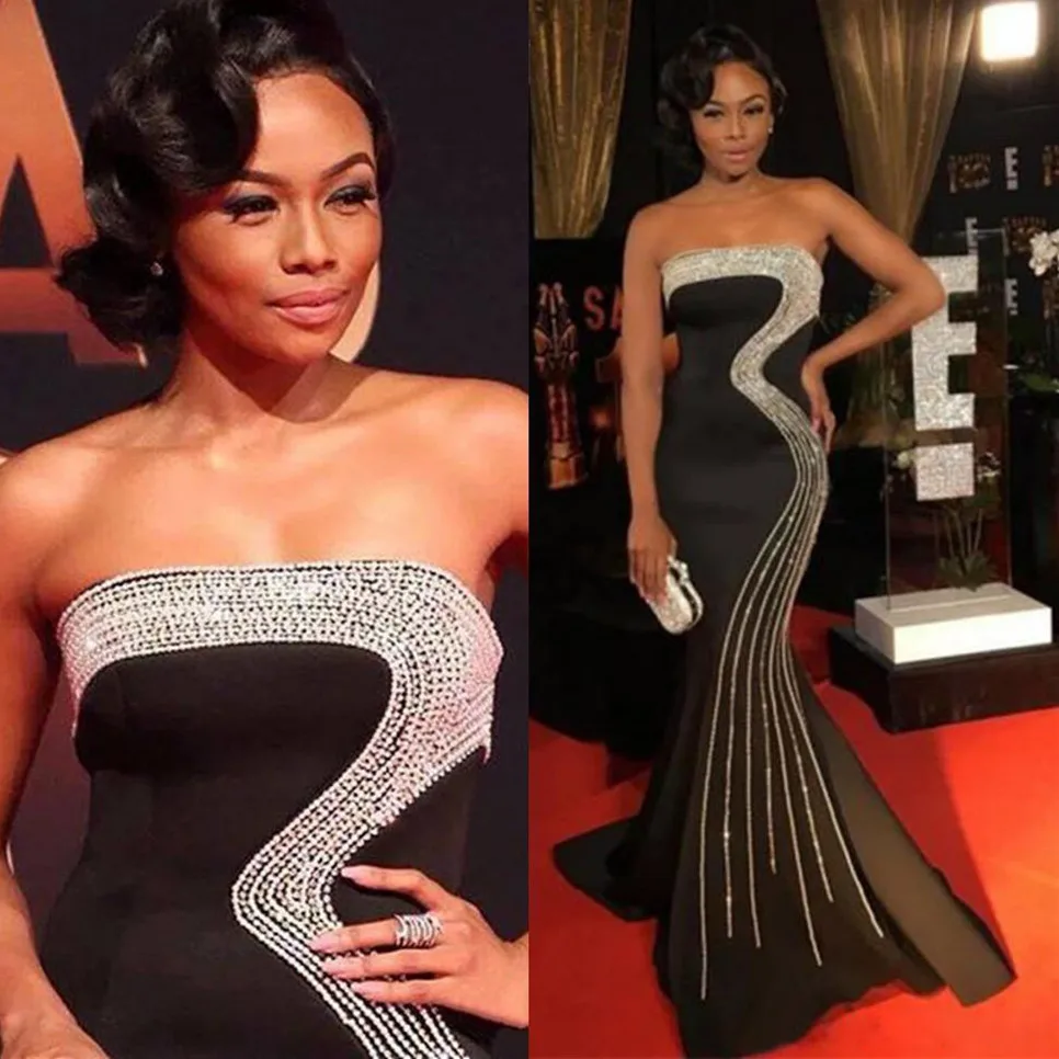 

Luxury Beaded Evening Prom Gown Strapless Open Back Sweep Train Black Stain Dress for Wedding Party