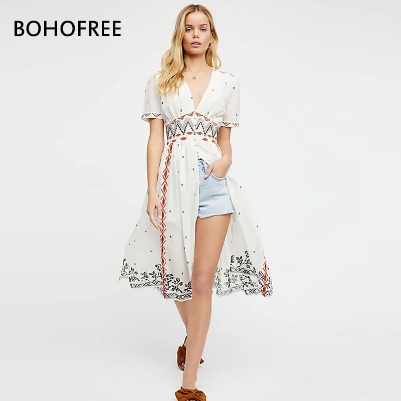 

BOHOFREE Street Style V Neck Shirtdress Boho Dresses Fem,ale Short Sleeve Floral Embroidery Vestidos Single Breasted Dress Femme