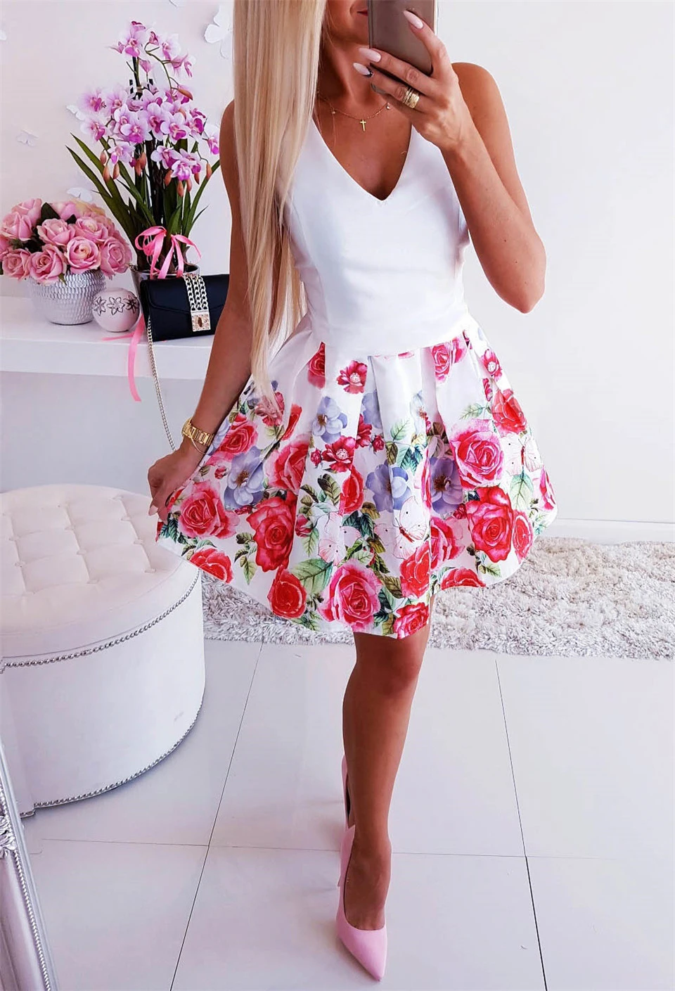Women Summer Flower Printed A-Line Dress O-Neck/V-Neck Sleeveless Mini Dress Elegant Lady Steetwear Party Dress (Without Belt)