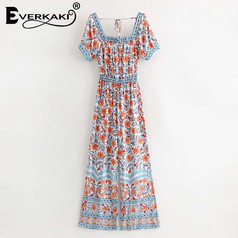Blue Everkaki Boho женский комбинезон с принтом, женские комбинезоны с поясом, цветочный принт, богемные винтажные комбинезоны, женские комбинезоны, новинка, осень - Цвет: Blue