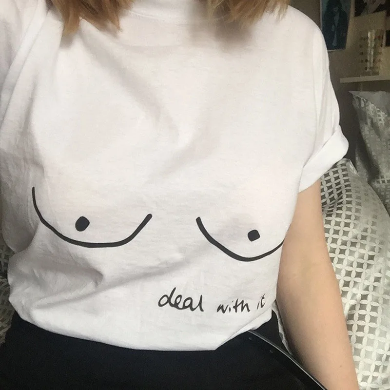 

Футболка Skuggnas с надписью «Deal with it», футболка Феминистская с рисунком сосков, Женские Смешные футболки с рисунком груди, Женская белая рубашка