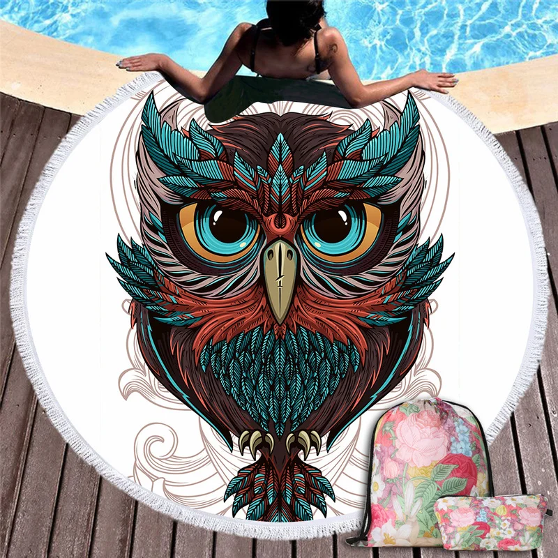 

3d Digital Printed Golden Owl Round Beach Towel with Tassels Modern Color Line Art Soft Large Beach Towel for Women Yoga Mat