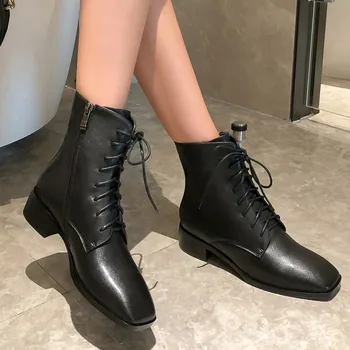 

GPOKHDS 2020 women ankle boots soft Cow leather lace up winter short plush square toe high heels female riding boots