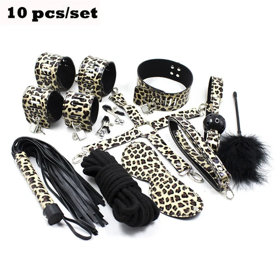 Camatech 10pcs Set Sex Bondage Tool Cuffs Collar Gag Blindfold Whip Rope Slave Restraints Pu