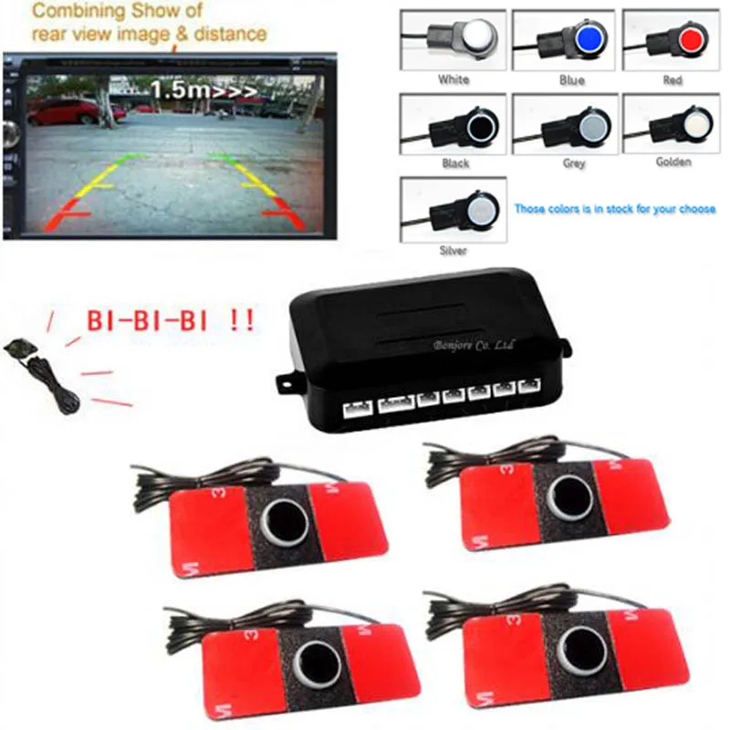 

Car Video Parking Sensor Reverse Backup Assistance Radar image all-in-one System + 16mm Flat Sensors 7 Colors