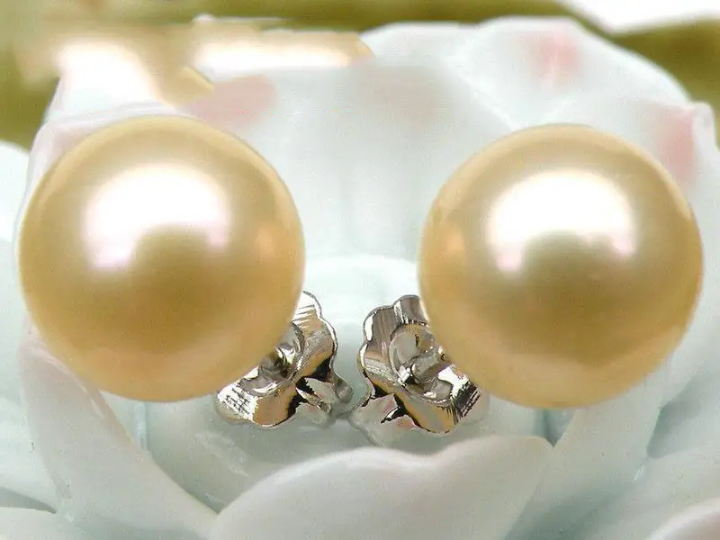 

free shipping 14k/20 white Natural AAA++ 8-9mm perfect round golden pink akoya stud pearl earring