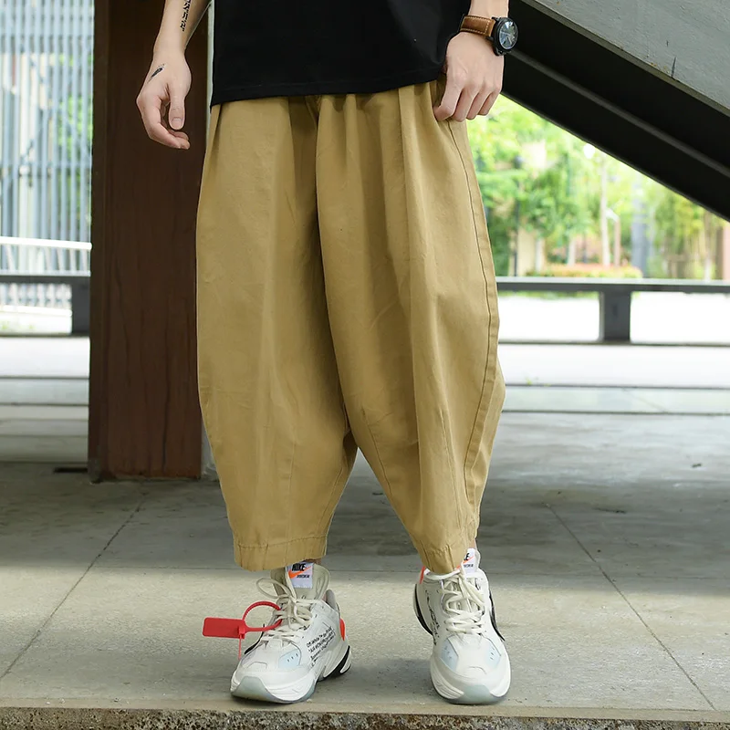 

Men Retro Lantern's Pants Kimono Style Ankle Length Loose Solid Color Drop Crotch Hip Hop Cross Capri-pants Japanese Streetwear
