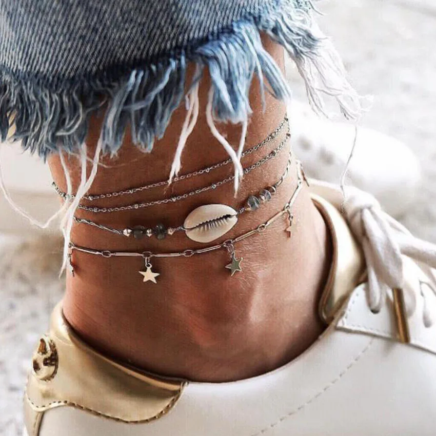 Boho Серебряная цепочка значки на руки звездной лодыжки браслет Cheville Femme Для женщин