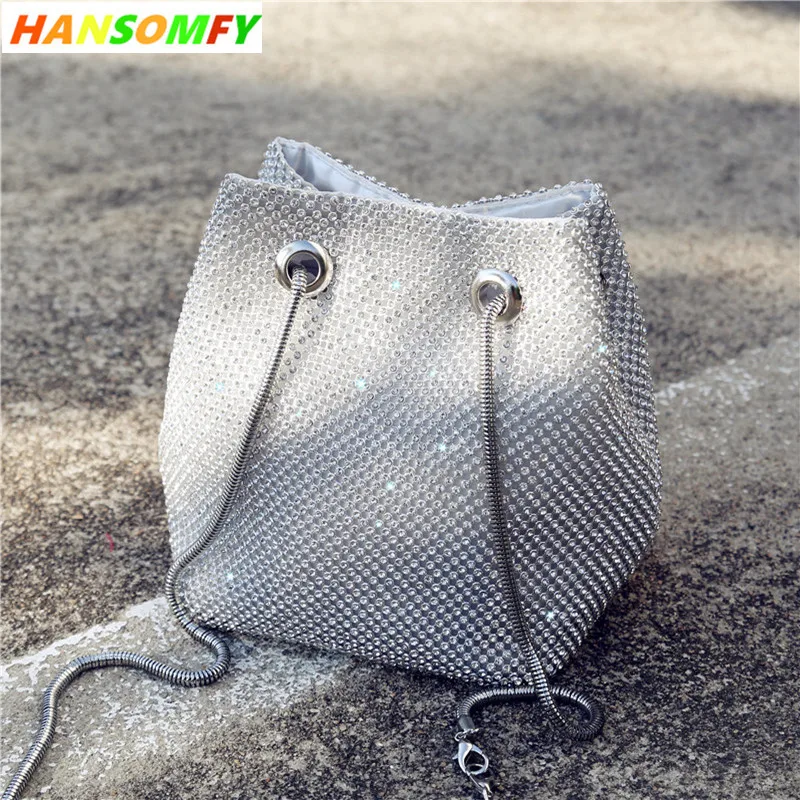 

2018 new women Summer small bag female bucket handbags flash diamond diagonal Joker chain crossbody hand shoulder bags