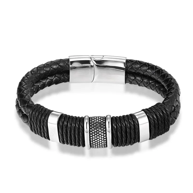 

JANEYACY Brand Fashion Men Charm Bracelet Black Leather Bracelet Stainless Steel Magnetic Clasps Bracelets Male Vintage Jewelry