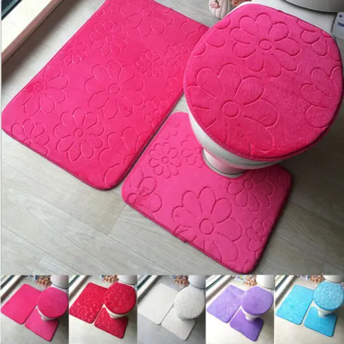 

3PCS Bathroom Non-Slip Pedestal Rug + Lid Toilet Cover + Bath Mat Washable Set