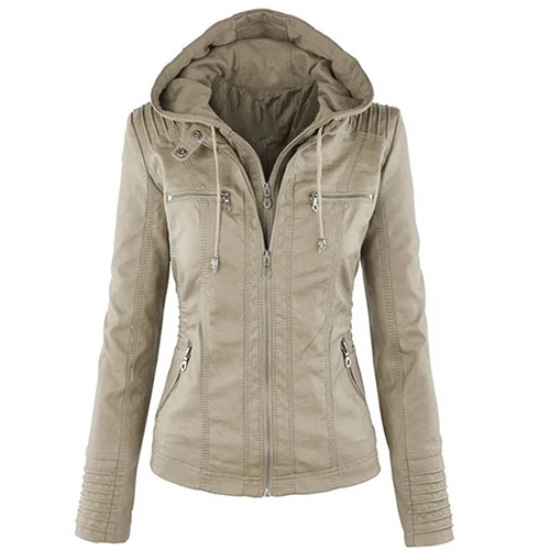 Lady Faux Leather Long Sleeve Solid Color Zipper Removable Hooded font b Jacket b font Outwear