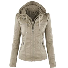 Lady Faux Leather Long Sleeve Solid Color Zipper Removable Hooded Jacket Outwear