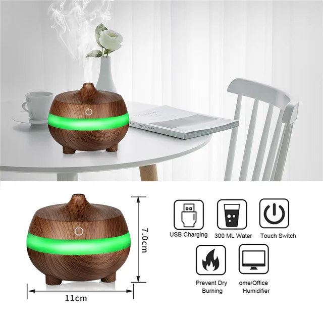 300ML Wooden Grain Air Humidifier USB Aromatherapy Diffuser Ultrasonic with 7 Color LED Lights Essential Oil Aroma Diffuser