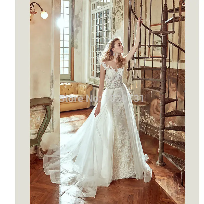 

2019 Vestido De Novia Wedding Dress with Detachable Train Appliques Lace See Through Back 2019 Cap Sleeve Wedding Dresses
