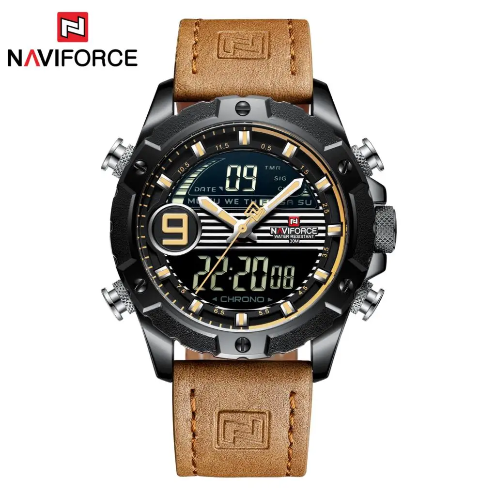 NAVIFORCE брендовые новые мужские часы цифровые кожаные спортивные с хронографом