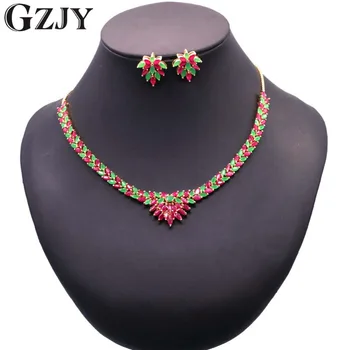 

GZJY Luxury Bridal Gold Color Green Red AAA Zircon Necklace Earring Jewelry Set For Women Wedding Party Accessories Jewelry
