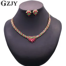 GZJY Luxury Bridal Gold Color Green Red AAA Zircon Necklace Earring Jewelry Set For Women Wedding Party Accessories Jewelry