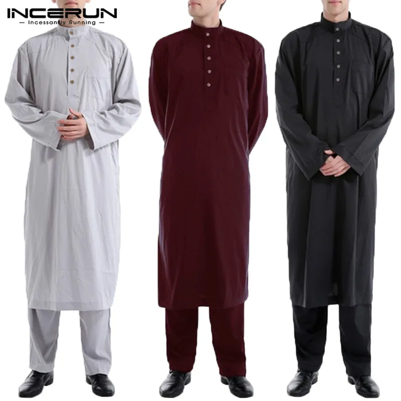 

INCERUN 2019 Muslim Clothes Mens Robe Saudi Thobe Robe Kaftan Dress Camisas Masculina Saudi Arabia Full Length Robe LoungeWear