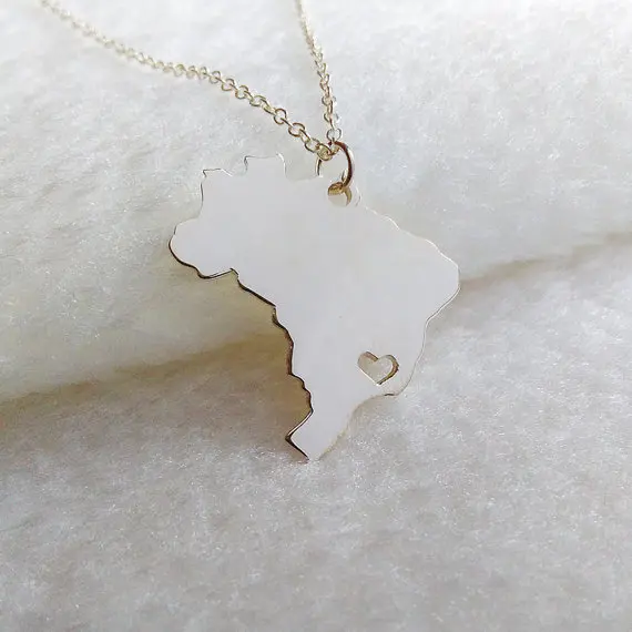 South America Country Map Brazil Necklace Charm Pendant Brazilian Brasil Pride I Heart Love Sao Paulo City Necklaces for Souvenir Gift