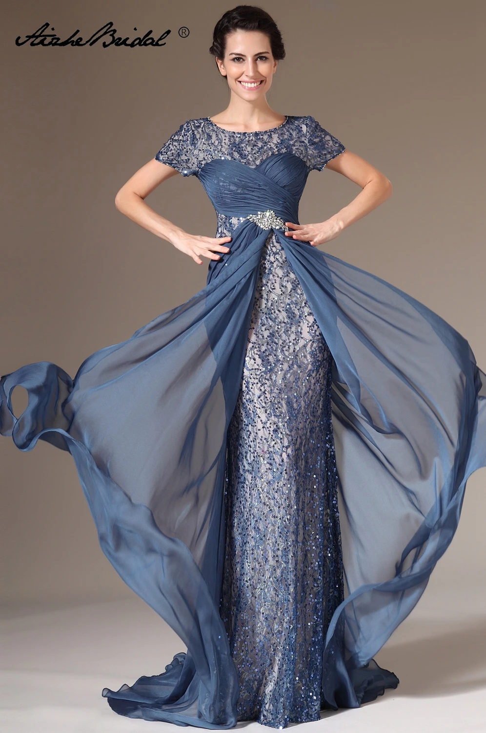 Формальное женское платье Элегантное с коротким рукавом Русалка блесток шифон мать невесты платье vestido novia
