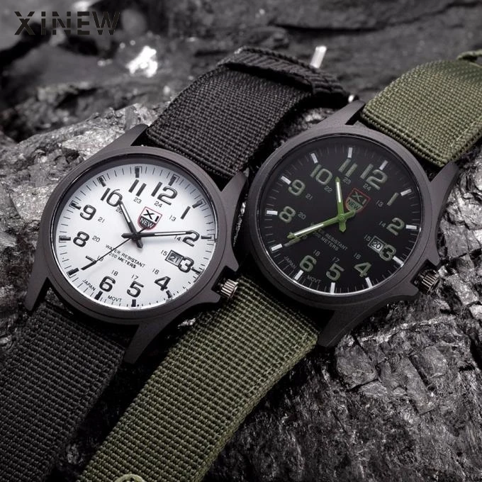 Новинка, мужские кварцевые часы от бренда XINEW с датой, армейские, военные, Холщовый ремешок, аналоговые часы, спортивные часы, наручные часы