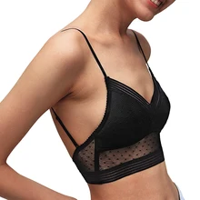 New Sexy Low Back Lace Bralette White Bra Bustier Crop Top Polka dot mesh Ultra Thin Underwear Women Lingerie Sexy Tank Tops Bra polka dot bow tie split back crop top
