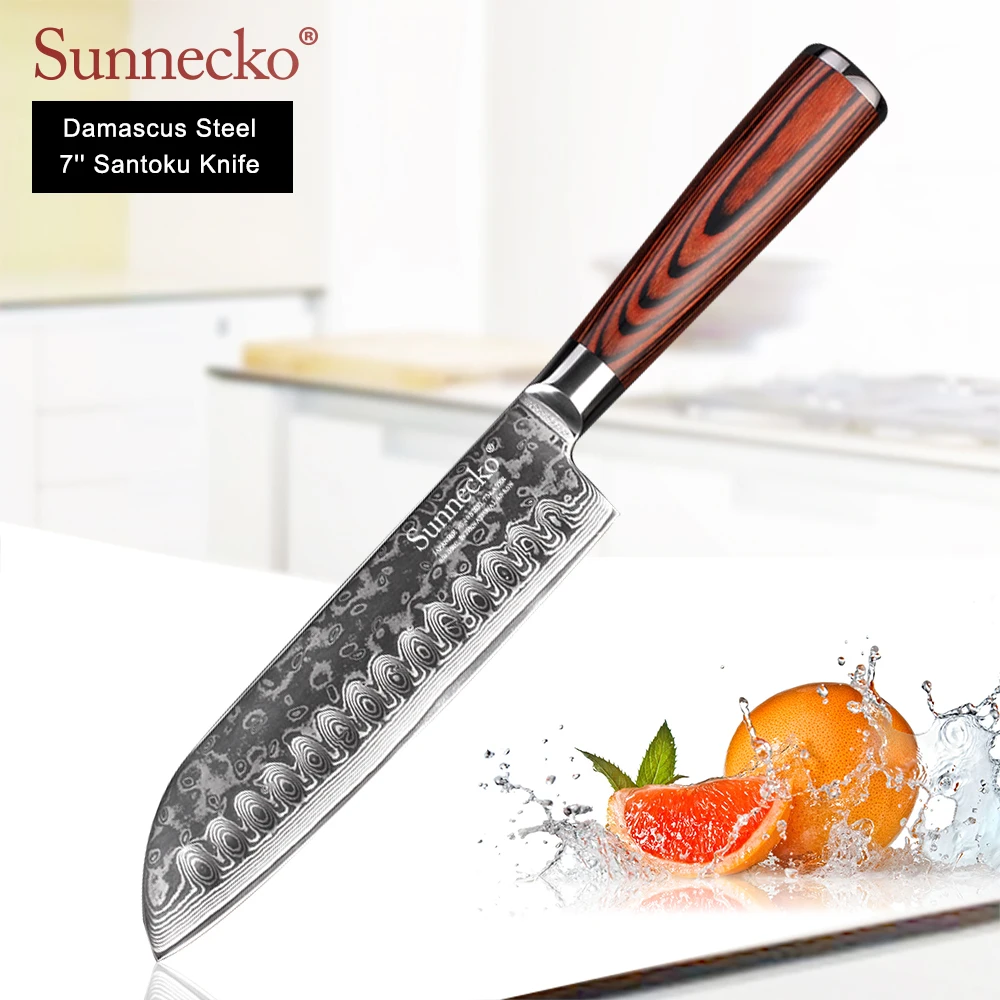SUNNECKO 7 дюймовые ножи Santoku из дамасской стали японские острые лезвия кухонные Pakka с