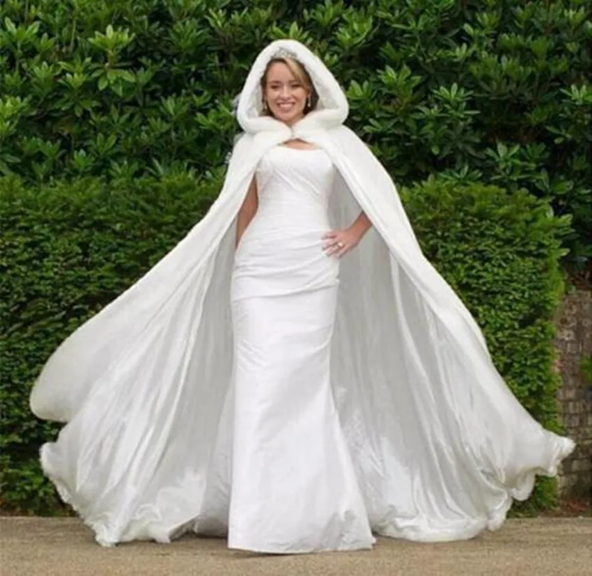 Bridal Winter Hooded Faux Fur Trim Satin Wedding Jacket Cloak Shawl Cape Mantles Wraps Elves Cape in White Ivory