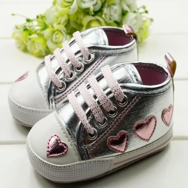 

Kid Toddler Baby Girl Silver Crib Heart Soft Shoes Walking Sneakers 0-18 M
