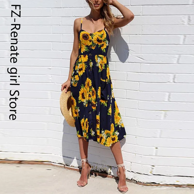

Sexy Women Floral Sleeveless Long Dresses Ladies Spaghetti Strap Sundress Printing Sling Button Backless Sexy Dress 20 Color