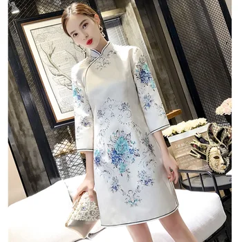 

Spring Autumn Three Quarter Sleeve Female Cheongsam Chinese Style Print Flower Dress Novelty Mandarin Collar Qipao Vestidos