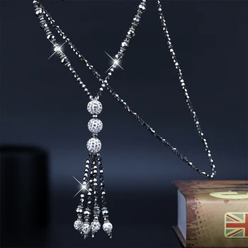 

Japan Korean Fashion Shiny Crystal Beads Long Necklace 2019 Kpop Simple Joker Tassel Strand Sweater Chain Women Leisure Jewelry