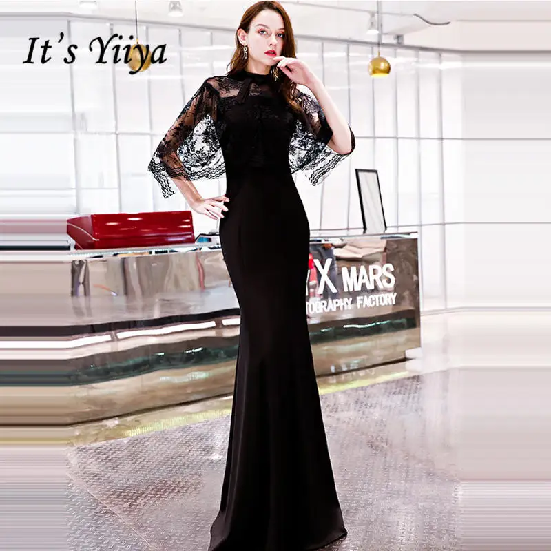 Это YiiYa вечернее платье кружевное лоскутное с круглым вырезом черное до пола с молнией сзади Вечерние платья LX1297 robe de soiree