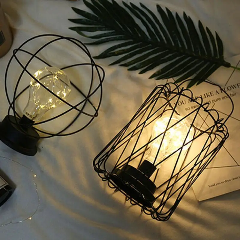 

Retro Black Geometric Wire Industrial LED Light Bulb Bed Side Battery Table Lamp