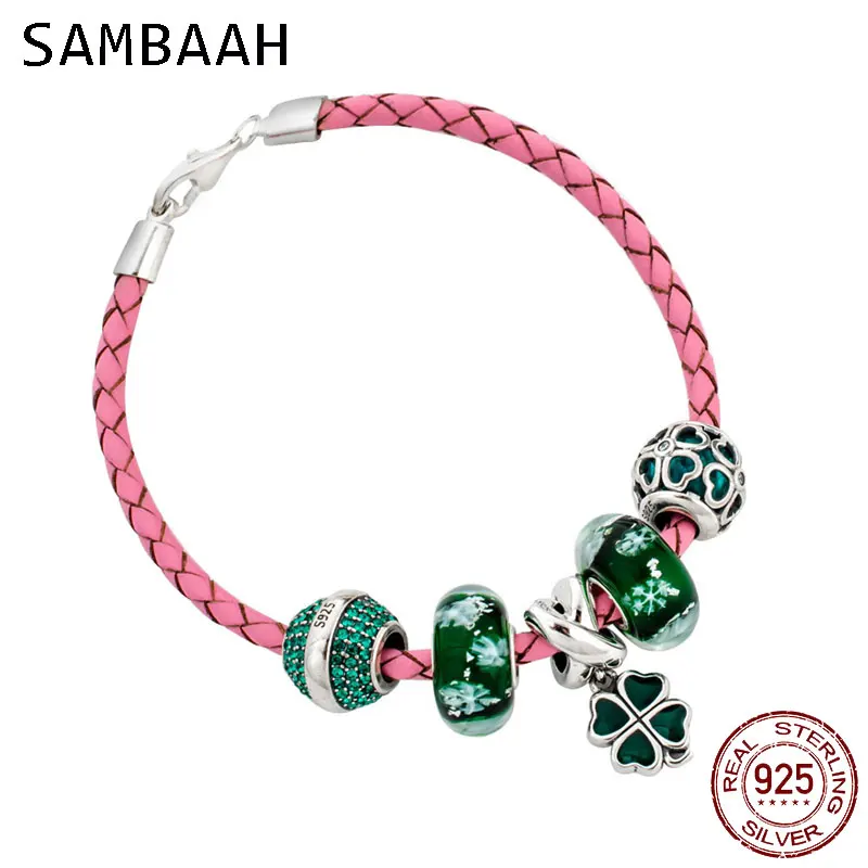 

Sambaah 3mm Chain Italian Braided Leather Lucky Bracelet with 925 Sterling Silver Four Leaf Clover Green Charms Spring Bracelet
