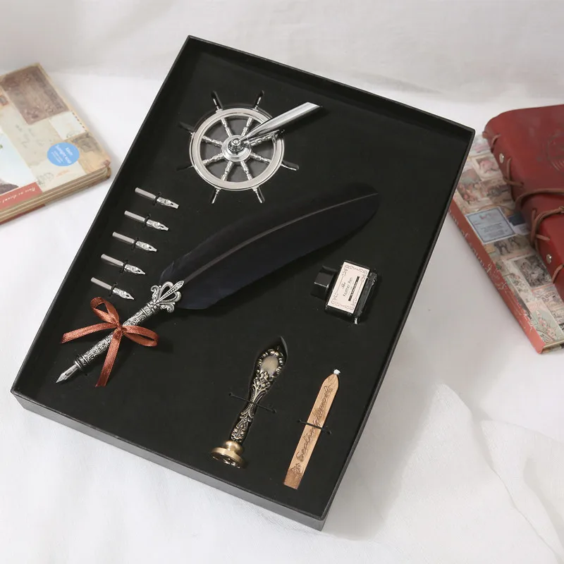 Feather Dip Pen Writing Ink Set Calligraphy Stationery Quill Fountain Gift Box 