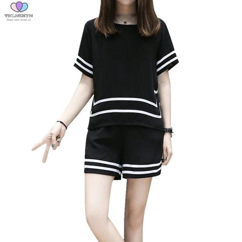 

2019 New Summer Women Casual Sporting Suits Fashion 2 Pieces Set Short sleeve Suits Loose Shorts Sets XL-5XL TNLNZHYN E486