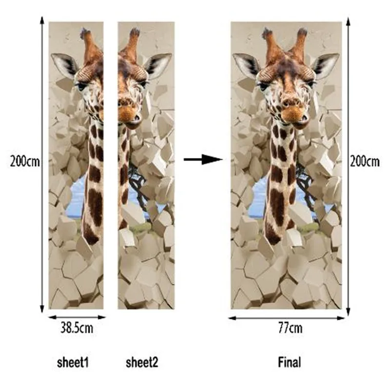 3D самоклеящиеся двери Стикеры s 3D стереоскопический мультфильм Жираф кирпич двери фрески для Спальня Гостиная Ванная комната стены Стикеры