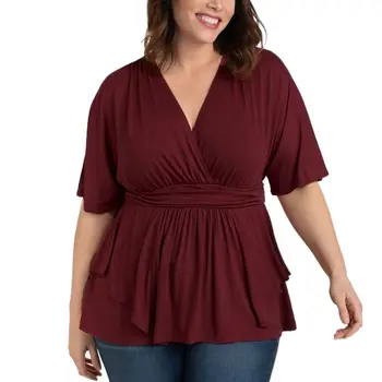 

2019 Autumn New Sleeves Deep V-neck Solid Color Women's Large Size T-shirt