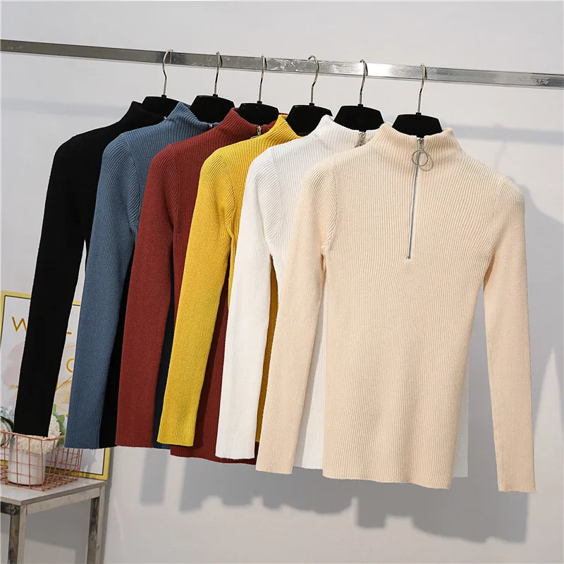 

Soft Stretchy Front Ring Zipper Turtleneck Sweater Pullover Girls Full Sleeve Slim Casual Knitted Sweaters Shirts Tops For Woman