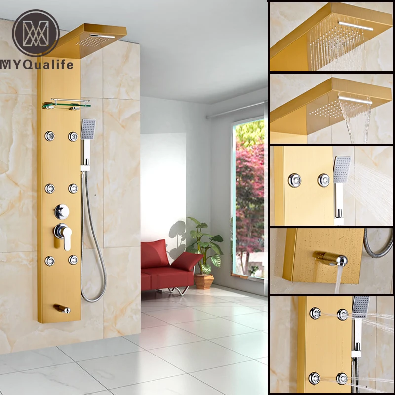 Luxury Shower Panel Waterfall & Rainfall Bathroom Shower Set 6pc Body Massage System& Hand