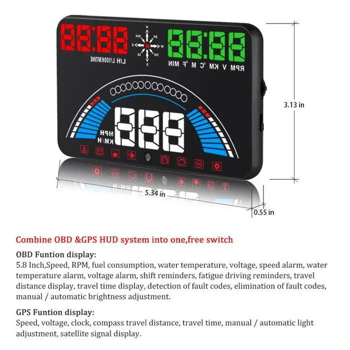 5," obd gps HUD Автомобильный дисплей на бортовой компьютер hud Дисплей Автомобильная электроника gps Спидометр лобовое стекло проектор OBD2