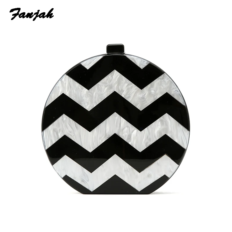 

Pearl Barrel-Shaped Geometric Striped Wave Shape Black White Acrylic Purse Wallet Clutch Box Acrylic Clutches Lady Evening Bags