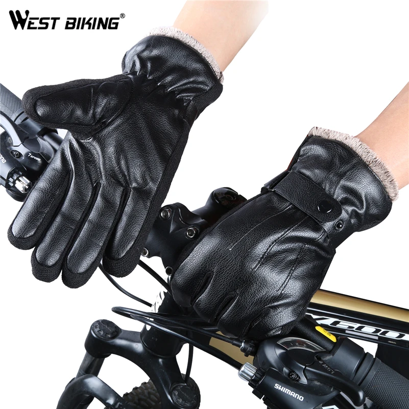 WEST BIKING для мужчин из искусственной кожи Guantes Ciclismo зима полный палец толстые вождения мотоциклетные флис Luva велосипед велосипедные перчатки